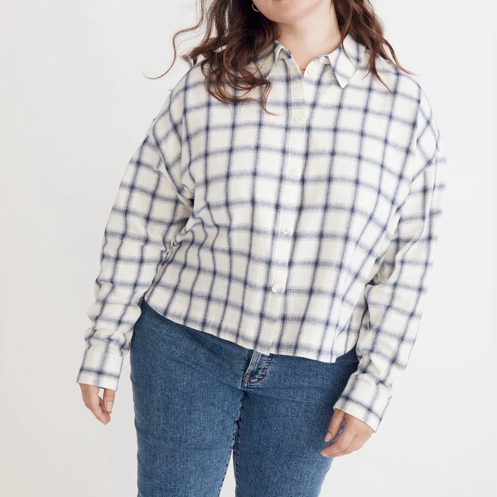 Madewell Flannel Shirt Hartford Crop Window Pane White Blue